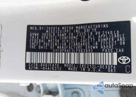 2020 Toyota Corolla L z USA, uszkodzony, nr VIN 5YFDPRAE3LP062692